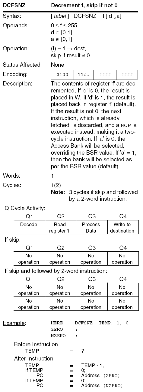 PIC18F DCFSNZ instruction diagram